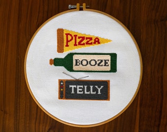 Pizza Booze Telly Cross Stitch PDF Pattern - Instant Digital Download