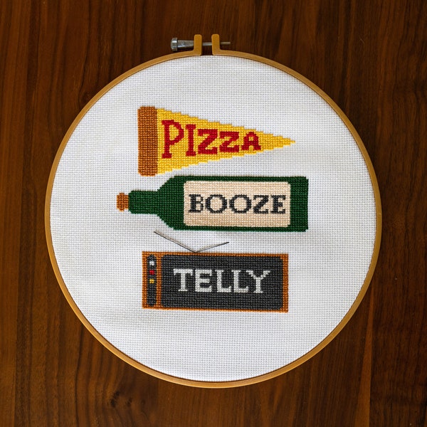 Pizza Booze Telly Cross Stitch PDF Pattern - Instant Digital Download