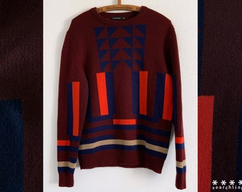 Maroon, orange and navy mens wool blend pullover jumper - XL - by Peace bird