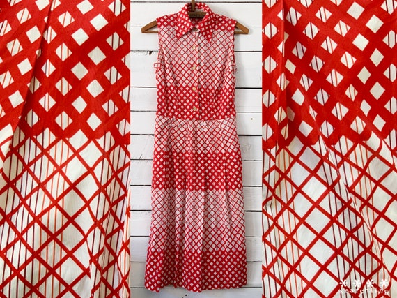 Cute Vintage 70s red and white geometric print dr… - image 1