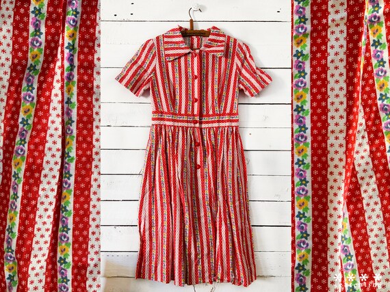 Vintage 70s red white floral striped dress - Mediu