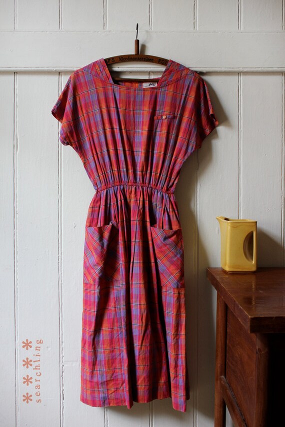 Vintage 1980's pink plaid cotton dress - Medium