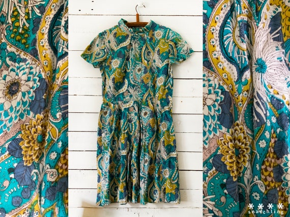 70s vintage floral paisley blue green dress - smal