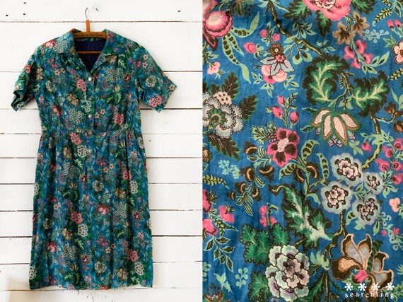 Vintage mini 70s blue floral paisley dress - mediu