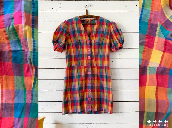 90s retro rainbow plaid cotton mini dress - small
