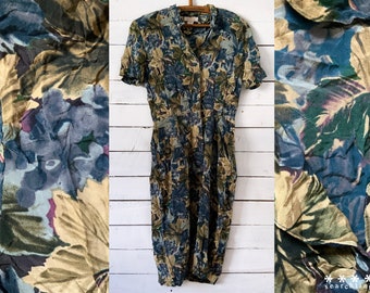 Vintage 90s azul floral brooks brothers silk summer dress - Pequeño / mediano