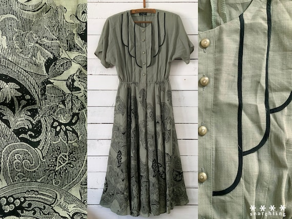 Vintage 1980's Art deco style grey green dress - L