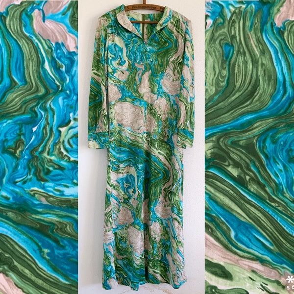 Amazing 70s Vintage blue & green marble long sleeve dress - Medium