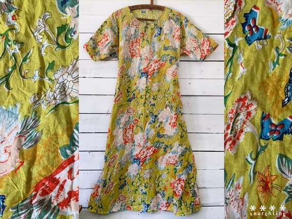 Vintage green paisley floral print cotton dress -