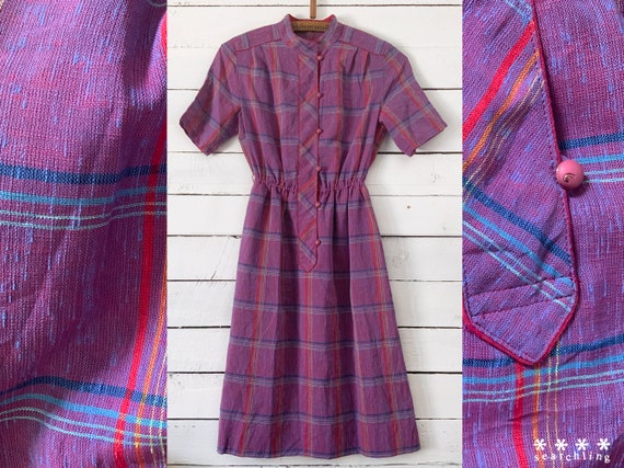 Vintage pink & purple plaid summer dress - Small