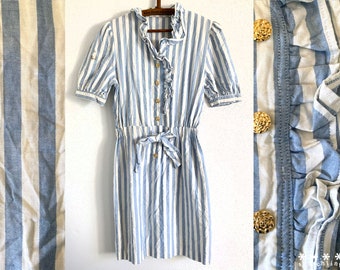 Vintage 80s blue and white striped summer dress for upcycle - small