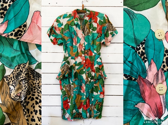 Vintage 80s 90s tropical leopard print dress - Sma