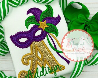 Monogram Mardi Gras Shirt, Mardi Gras Embroidery Shirt, Appliqué Shirt for Girls, Mardi Gras Initial Shirt, Mardi Gras Mask, Initials A-Z