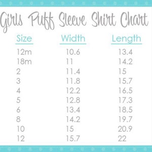 Puede incluir: Una tabla titulada "Girls Puff Sleeve Shirt Chart" con medidas de talla, ancho y largo. Las tallas van desde 12 meses hasta 12, con anchos correspondientes de 26.9 cm a 39.9 cm y largos de 34 cm a 55.9 cm.