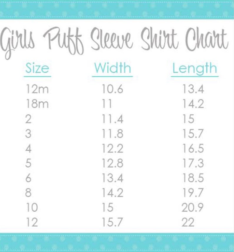 Puede incluir: Una tabla titulada "Girls Puff Sleeve Shirt Chart" con medidas de talla, ancho y largo. Las tallas van desde 12 meses hasta 12, con anchos correspondientes de 26.9 cm a 39.9 cm y largos de 34 cm a 55.9 cm.