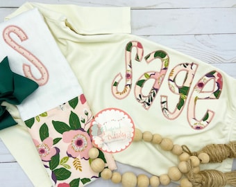 Personalized Baby Gown: Floral Letter Applique, Cotton Coming Home Outfit