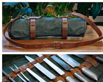 Artisan-Crafted Canvas Leather Knife Roll with Shoulder Strap - Personalized Chef's Tool Roll, Chef's Gift: Portable Knife Travel Case