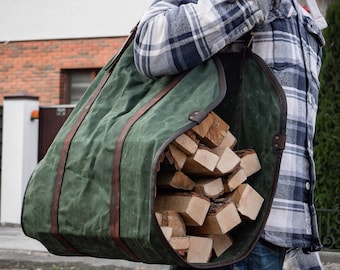 Log Carrier, Gift for the home, Personalized Firewood Carrier, Canvas Log Carrier, Firewood Holder, Leather Log Storage, Fireplace Decor