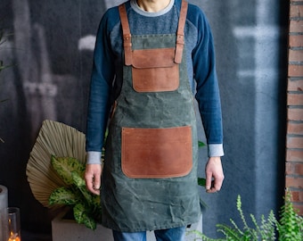 Waxed Canvas Apron with Leather Straps and Pockets, Personalized gift for Tattoo Artist, Barber, Gardener, Florist, Chef, Carpenter, BBG