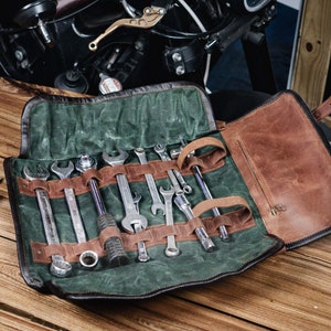 Handcrafted Leather Waxed Canvas Tool Roll | Durable Motorcycle Tool Bag & Organizer | Personalized Tool Roll-Up – Perfect Gift for Riders