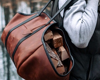 Bolsa de cuero para transportar leña, soporte para leña de chimenea, regalo personalizado para hombres.