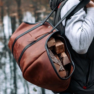 Handcrafted Leather Firewood Carrier: Personalized Fireplace Log Bag