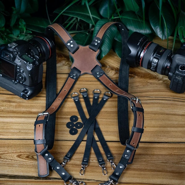 Camera Harness Personalized, Photographer gift, Leather Camera Harness, DSLR Camera Strap, Pro Dual Camera Harness, Two Camera Strap leather