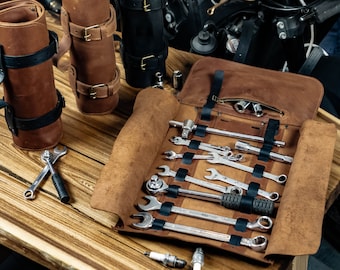 Motorfiets gereedschapsrol leer, vintage biker gereedschapstas, sleuteletui, handgemaakt in Spanje