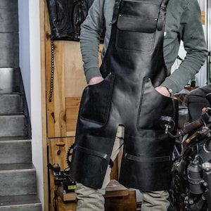 Black Leather Apron, Black Full Grain Leather - Butchers Apron For Hobbyists Woodwork Blacksmith with Pockets