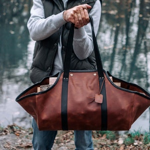 Leather Log Carrier Bag – Personalized Firewood Tote | Fireplace Accessory & Rustic Home Gift