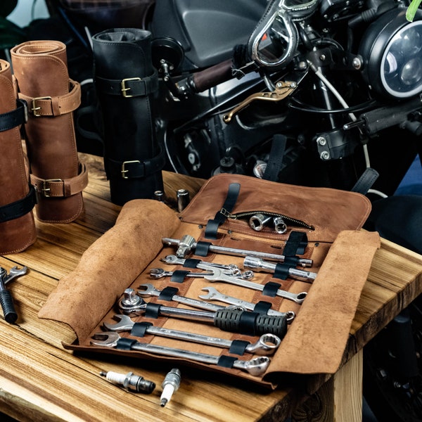 Leder-Werkzeugrolle, Motorrad-Werkzeugrolle, Werkzeug-Rolltasche, Leder-Schraubenschlüsselrolle, Kofferraum-Organizer, personalisiertes Weihnachtsgeschenk für ihn