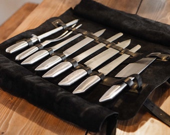 Cadeau essentiel du chef - Sac à couteaux en cuir noir, sac de voyage pour couteaux avec bandoulière, cadeau d'anniversaire personnalisé pour chef