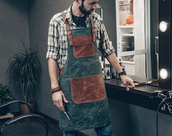Canvas Apron with Leather Straps & Pockets - Personalized Gift for Hairdresser, Barber, Chef, Barista, Gardener, Florist, Tattoo Artist