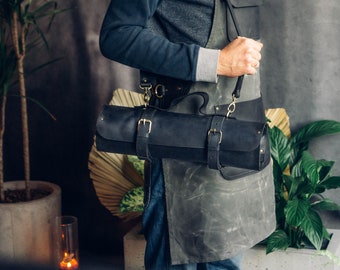 Sac à roulettes en cuir pour couteaux de chef - Cadeau personnalisé pour chef - Rouleau de couteaux en cuir noir