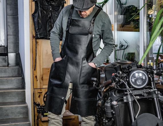 Split-Leg Black Leather Apron – Full Grain, Handmade Workwear