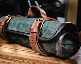 Waxed Canvas Full-Grain Leather Tool Roll: Motorcycle Tool Bag Organizer. Made in Spain