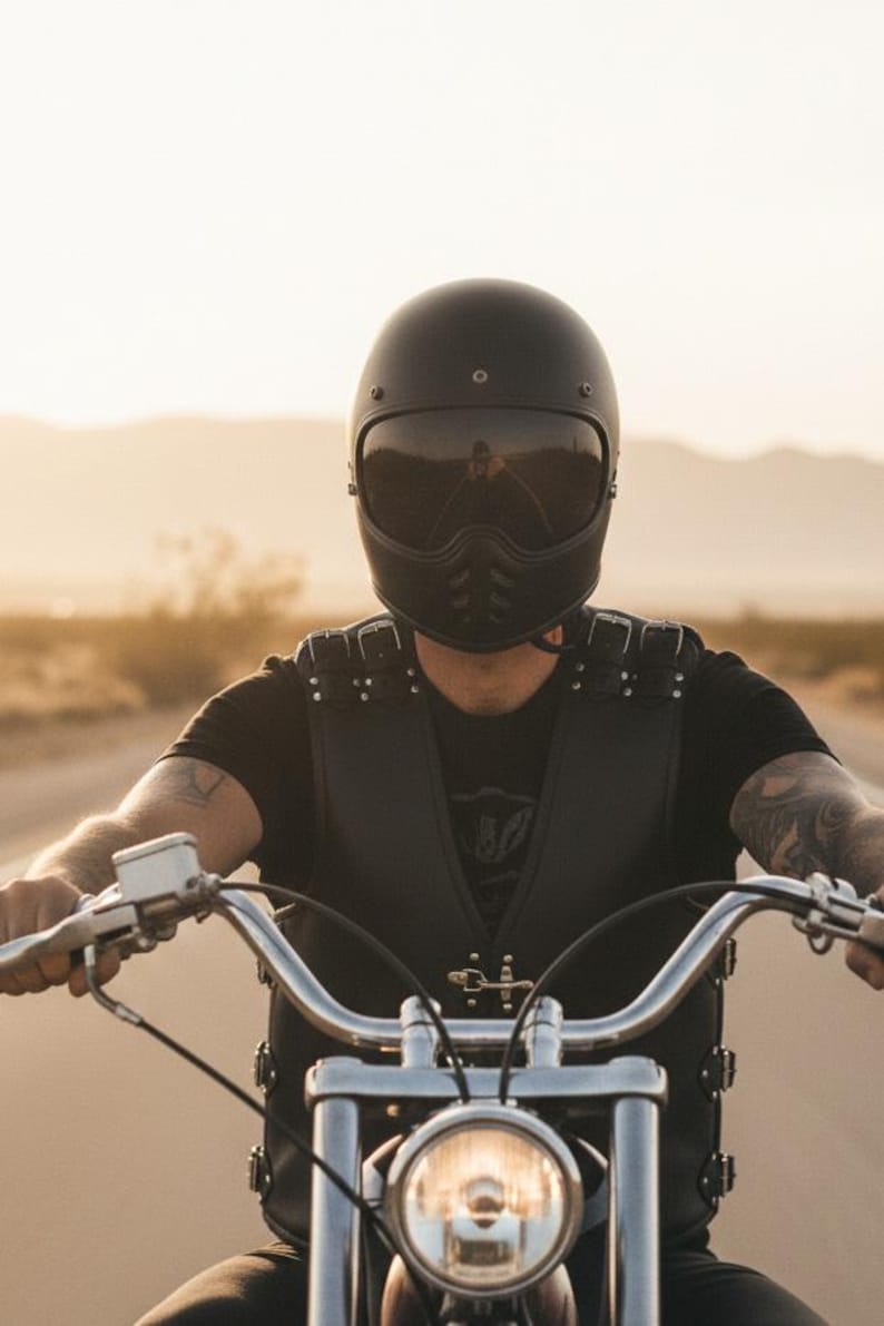 Biker riding motorcycle wearing black leather vest in the desert