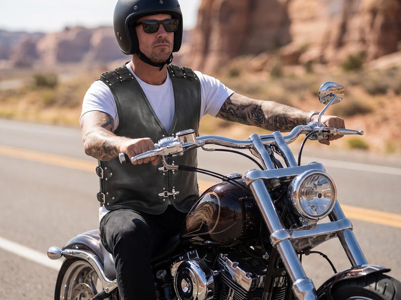May include: A dark olive green leather vest featuring a V-neckline, silver-toned metal buckles on the sides, and decorative silver studs along the shoulders and front closure, worn over a plain white short-sleeved t-shirt.