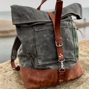 Waxed Canvas Backpack for Him Backpack men Backpack Women Daily Leather Canvas Backpack Rucksack Roll Top Christmas Gift Backpack image 1