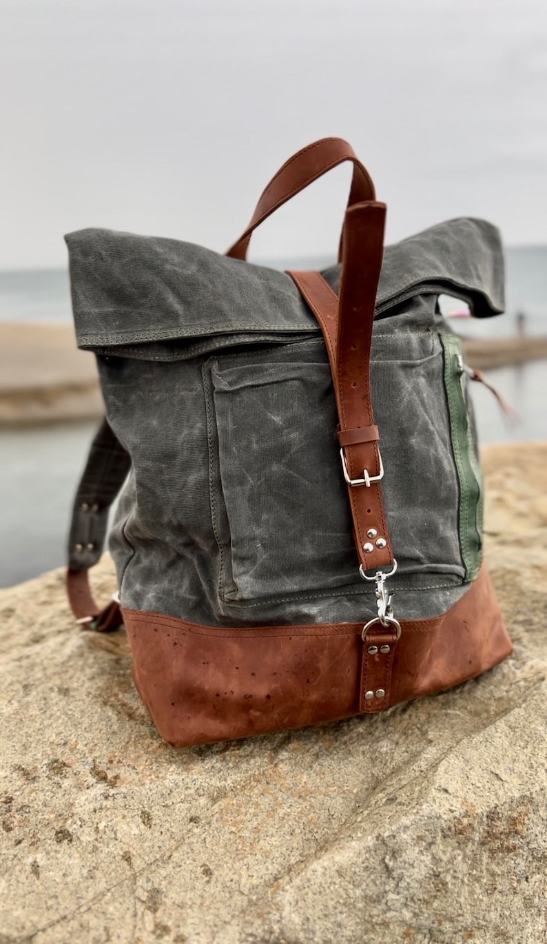 Waxed Canvas Backpack for Him Backpack men Backpack Women Daily Leather Canvas Backpack Rucksack Roll Top Christmas Gift Backpack image 1