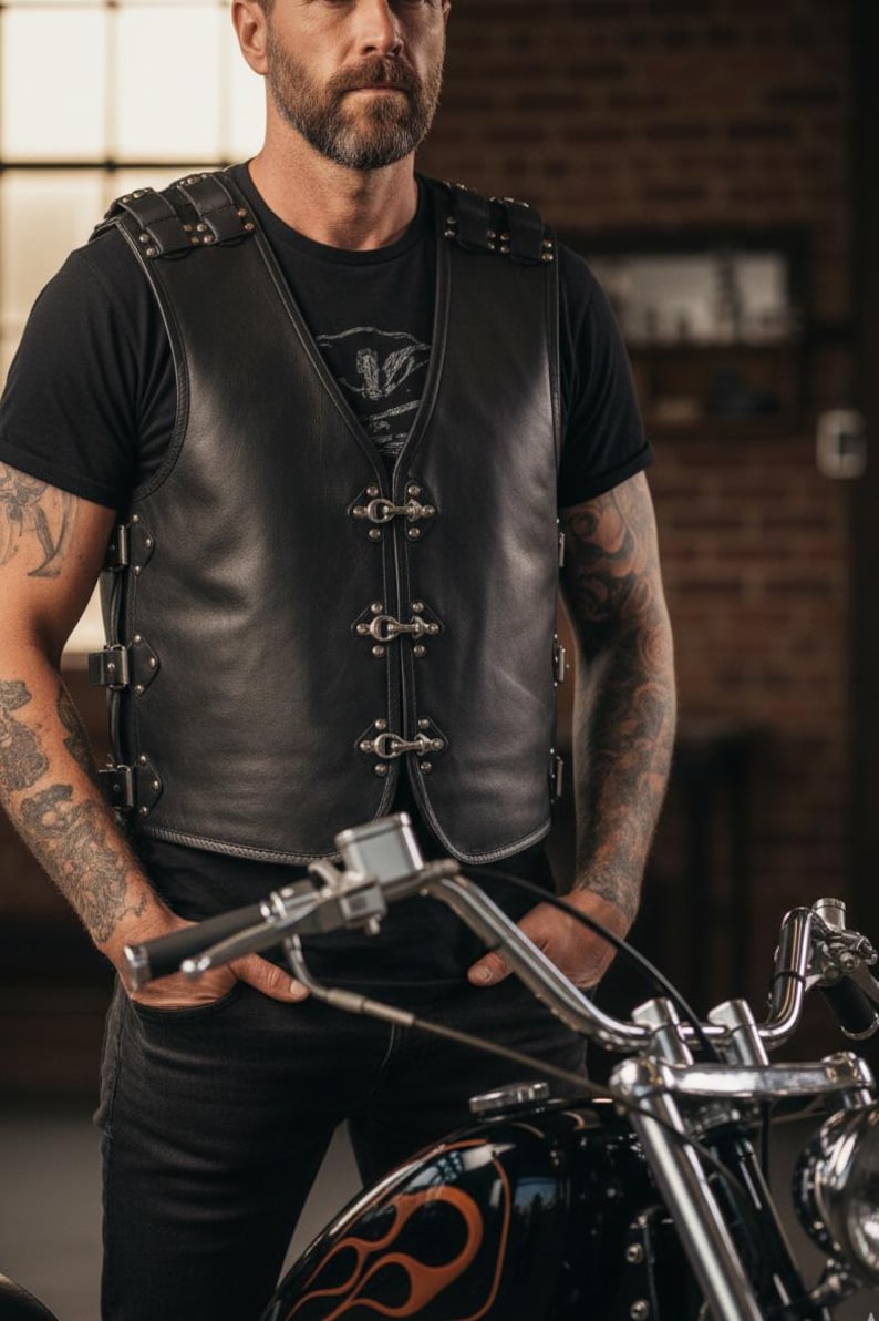 Man wearing Harley Davidson style biker vest next to custom chopper
