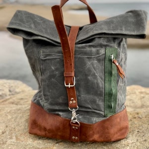 Waxed Canvas Backpack for Him Backpack men Backpack Women Daily Leather Canvas Backpack Rucksack Roll Top Christmas Gift Backpack image 2