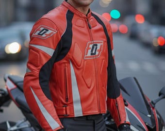 Men's Red Leather Motorcycle Jacket, Handmade Cowhide Sport Biker Jacket with Armor, Racing Style Moto Jacket, EU 50 Men's M, One of a Kind