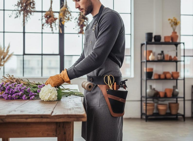 Pode incluir: Uma pessoa usando um avental cinza e luvas bege arrumando flores em uma mesa de madeira. Um cinto de ferramentas de couro preto e marrom com tesouras douradas e um borrifador &eacute; vis&iacute;vel. Flores secas penduradas no fundo.