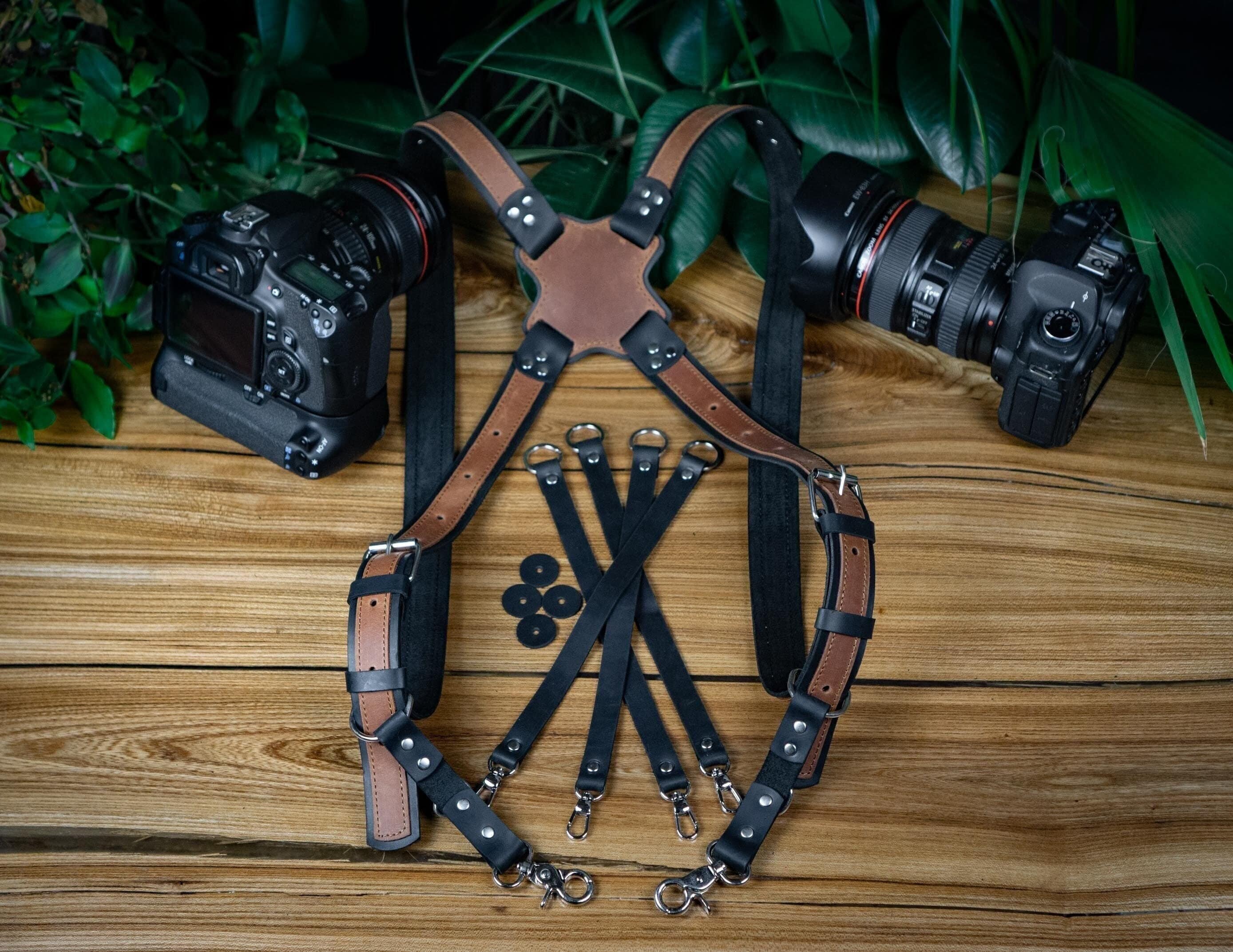 Camera Harness for 2 Cameras – Dual Shoulder Leather Camera Strap – Double  Camera Harness for DSLR/SLR