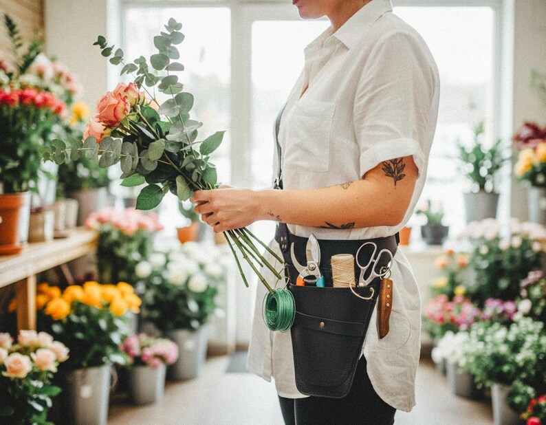 Pode incluir: Um florista segurando um buqu&ecirc; de rosas cor-de-rosa e eucalipto. O florista usa uma camisa branca e um cinto de ferramentas de couro preto com tesoura, barbante e uma faca. O fundo mostra uma floricultura.
