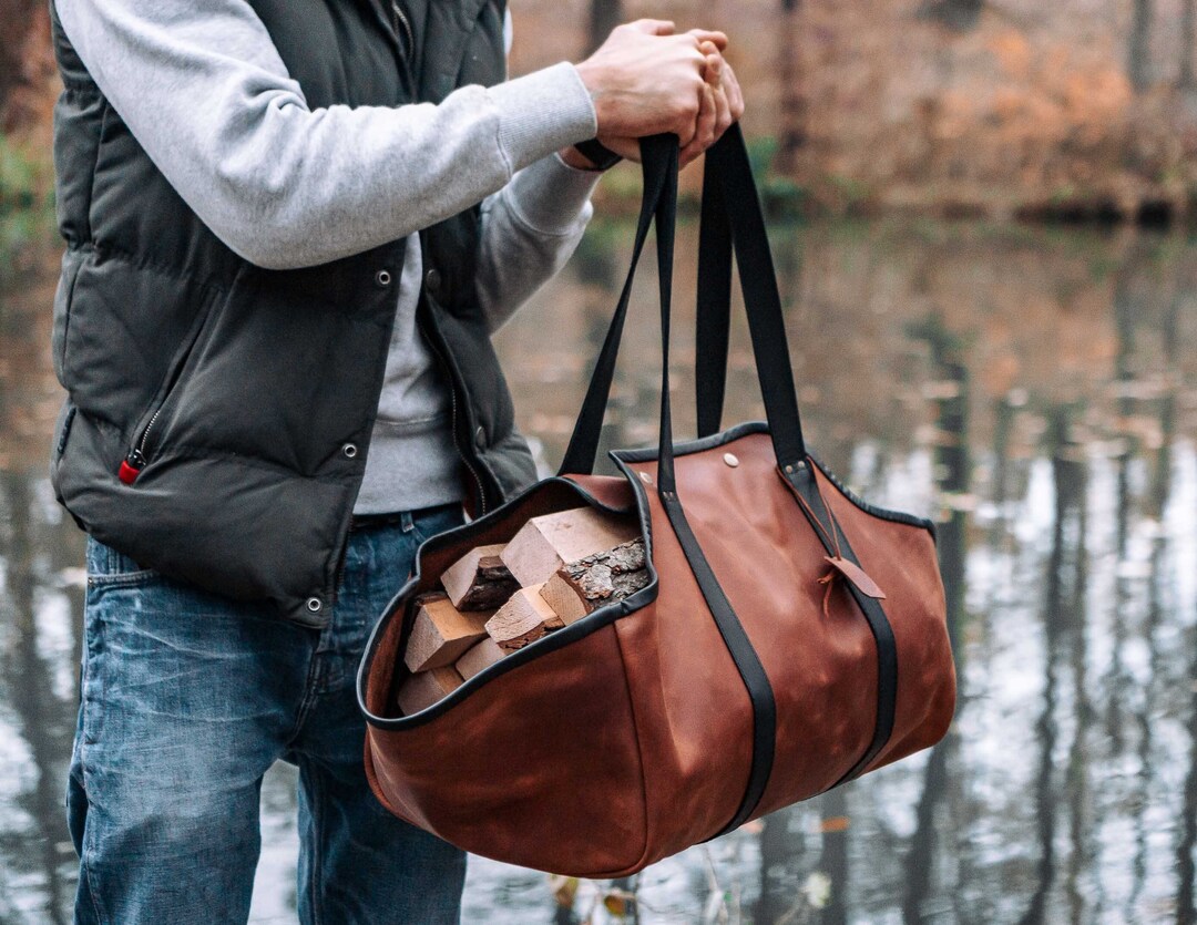Gift for Home Leather Firewood Carrier, Fireplace Log Holder, Leather Log Carrier, Firewood Bag