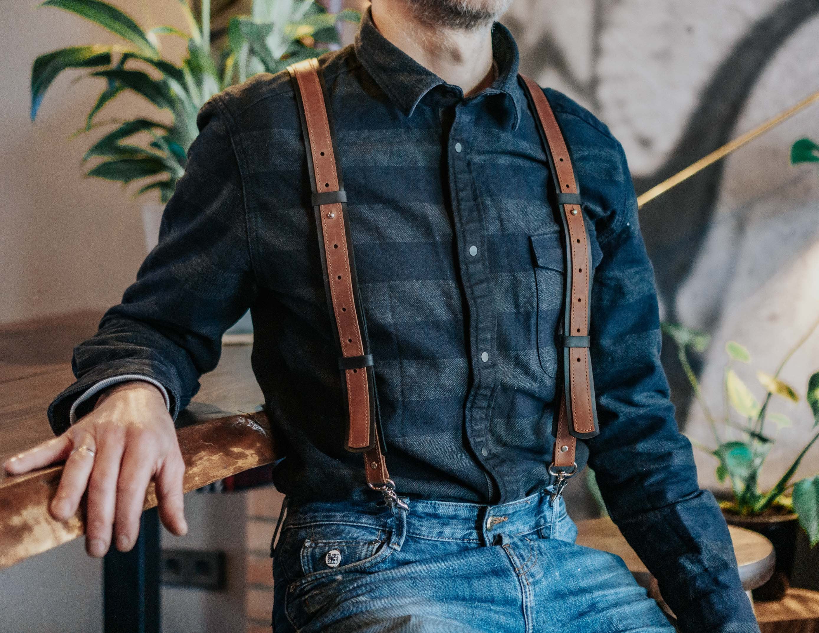 Black Brown Leather Suspenders, Heavy Duty Mens Suspenders