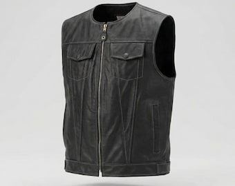 Men’s Leather Biker Vest, Black Motorcycle Vest, Club Riding Gear, Handmade in Spain