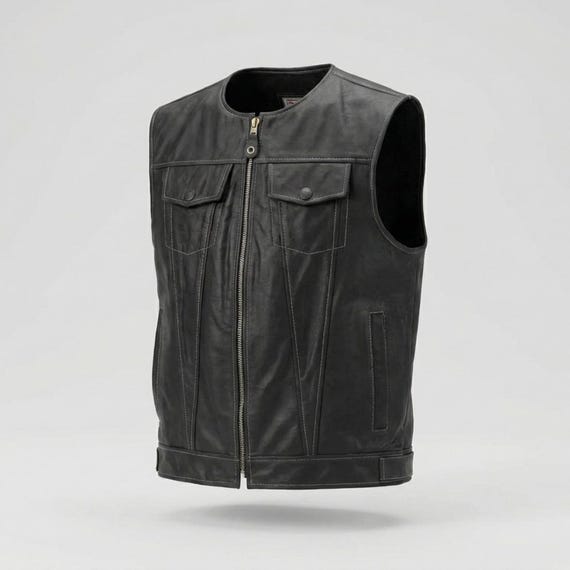 Men’s Leather Biker Vest, Black Motorcycle Vest, Club Riding Gear, Handmade in Spain
